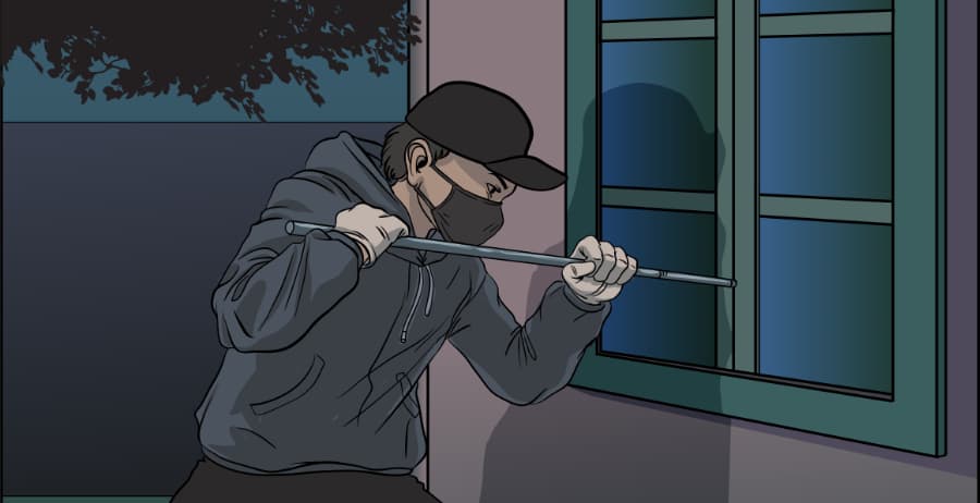 Illustration of burglar forcing entry through a window in Syracuse
