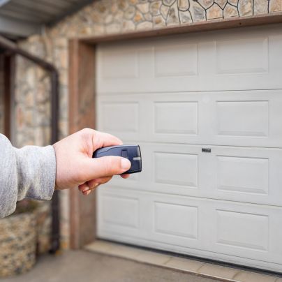 Syracuse security key fob pointing to a garage door